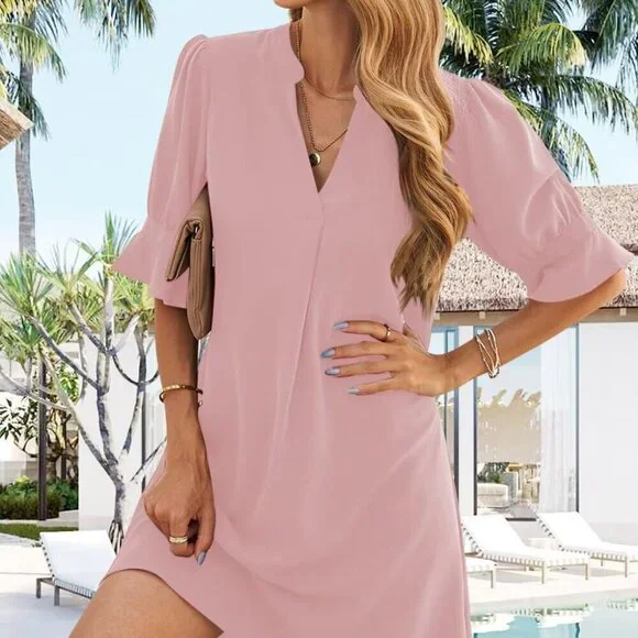 Shift Dress for Women V Neck Short Sleeves Solid Color Casual Flowy Summer Dress - Picture 3 of 7